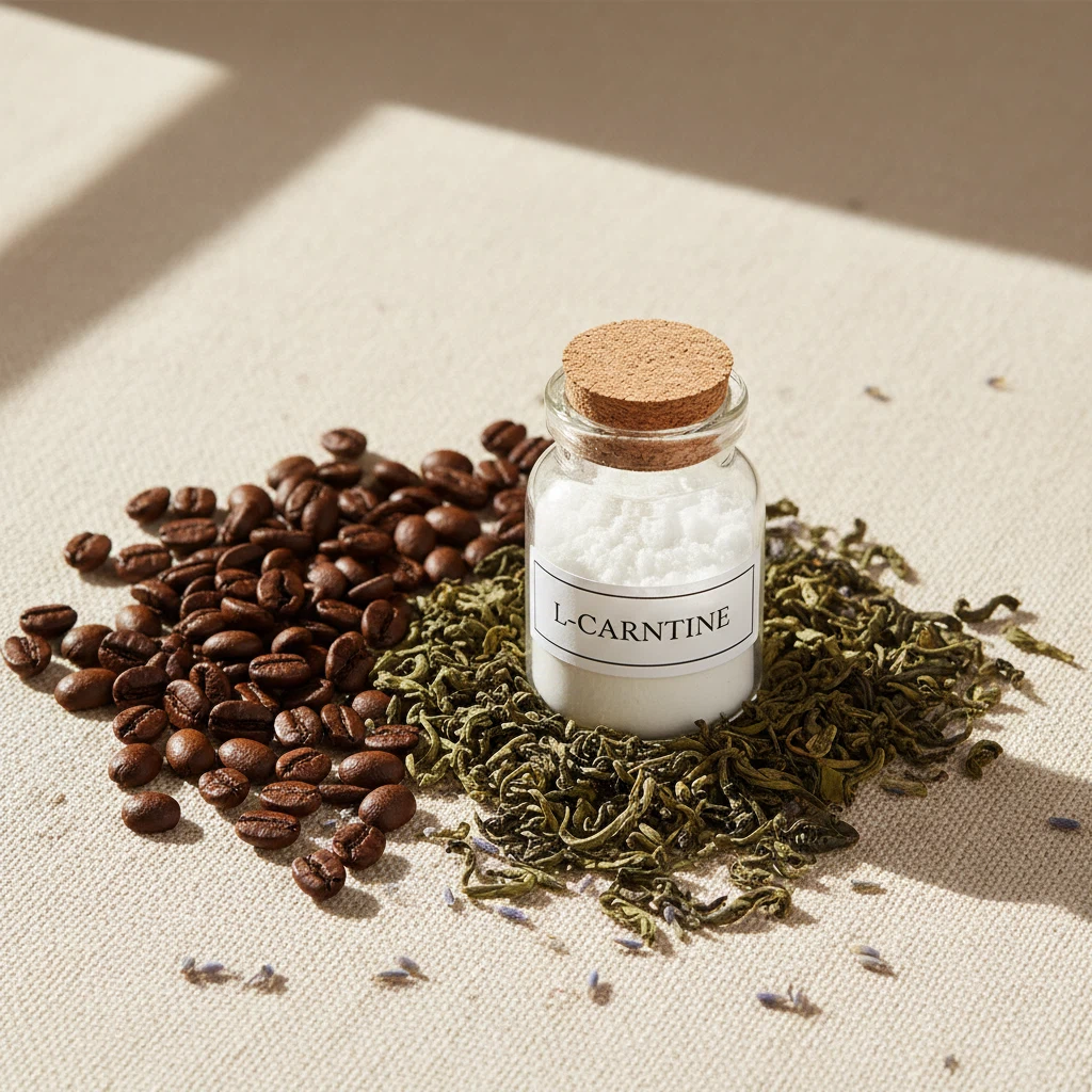 Kaffeebohnen, Grünteeblätter und L-Carnitin Pulver - natürliche Inhaltsstoffe Wellaray Coffee